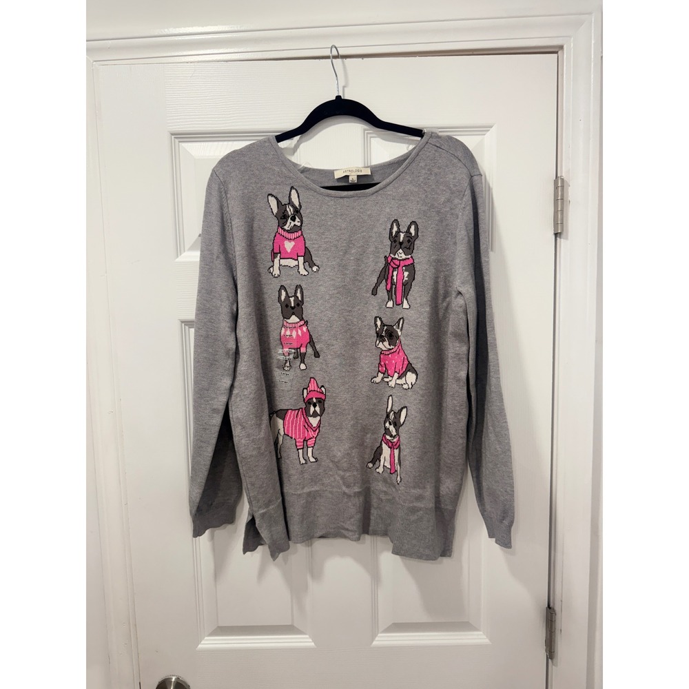 Astrologie L French Bulldog Intarsia Knit Sweater Grey Pink Novelty Dog Mom